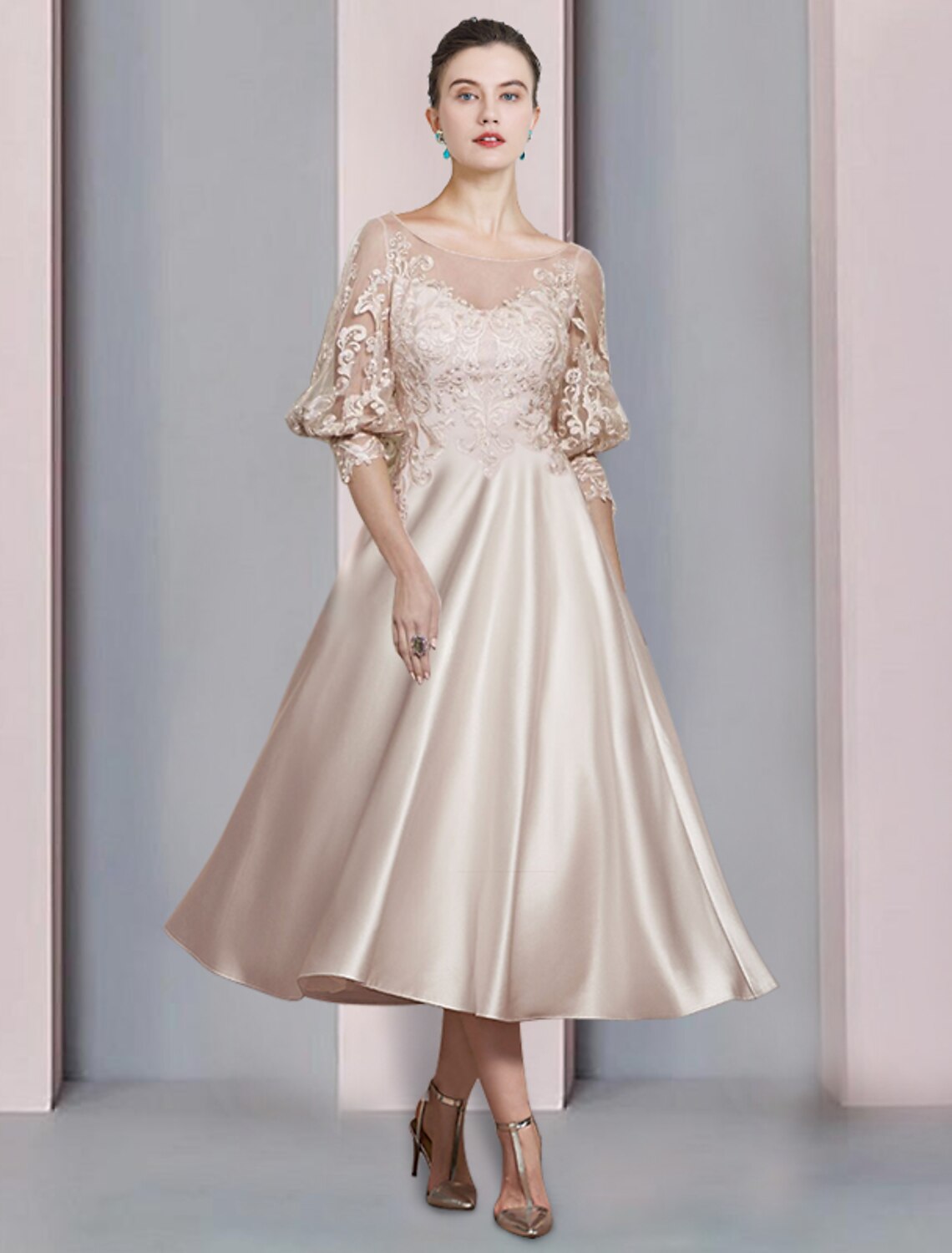 Wholesale  A-Line Mother of the Bride Dress Formal Elegant Scoop Neck Tea Length Satin Lace 3/4 Length Sleeve with Appliques